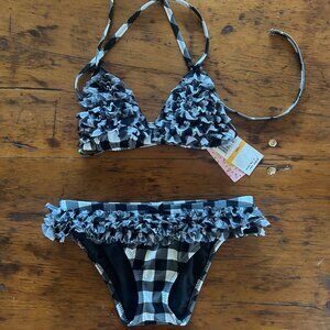 Vintage Betsey Johnson Black Gingham Ruffled Bikini Set